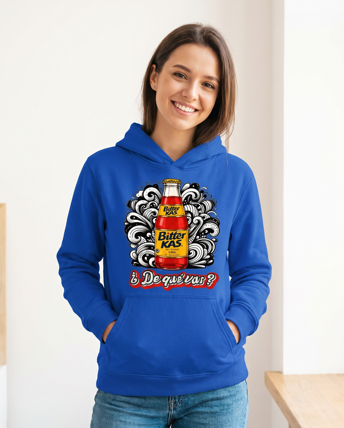 Mujer con sudadera Bitter Kas, parodia del refresco Kas - Starway to Helen