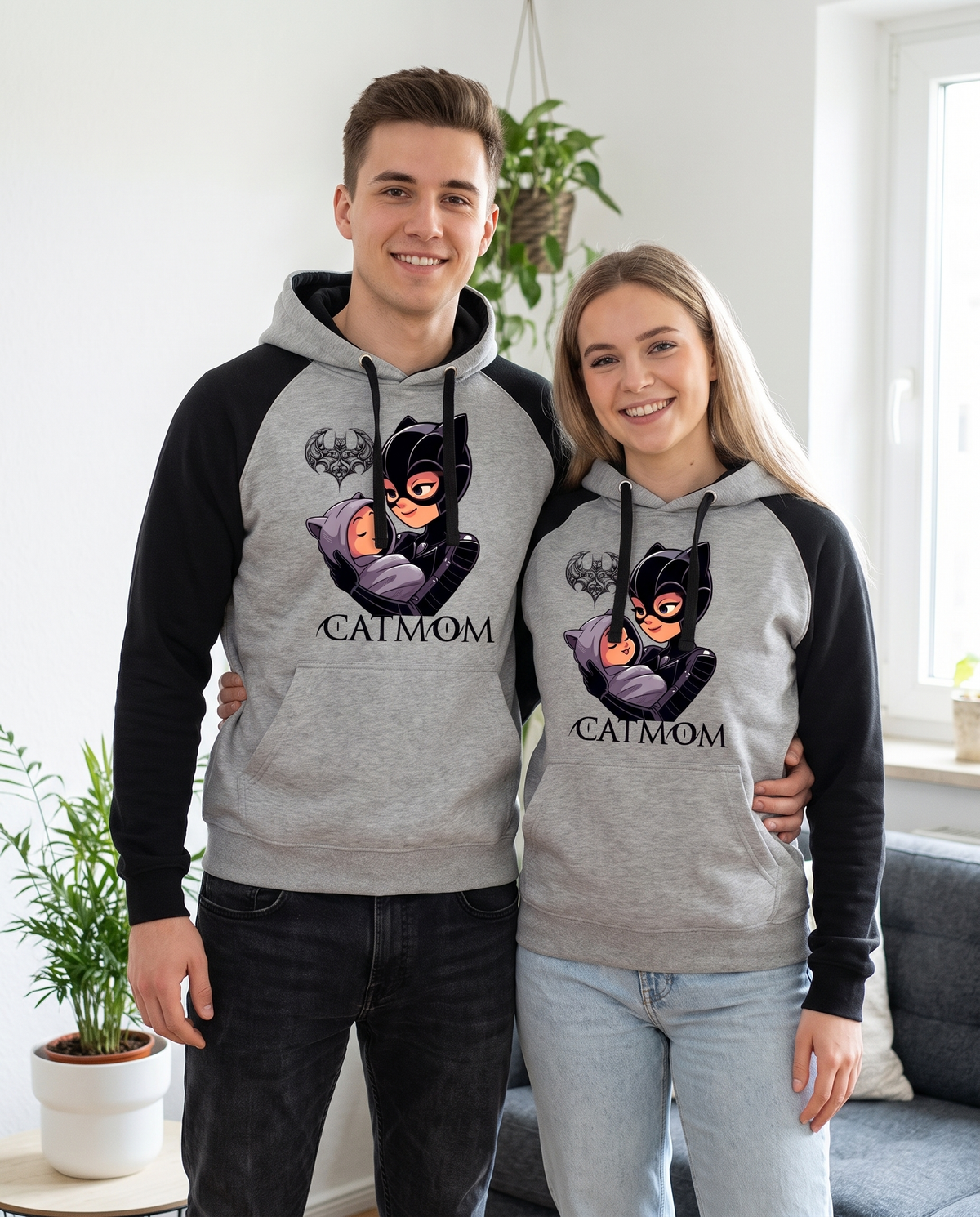 Pareja con sudadera CatMom, prenda divertida para amantes de los gatos