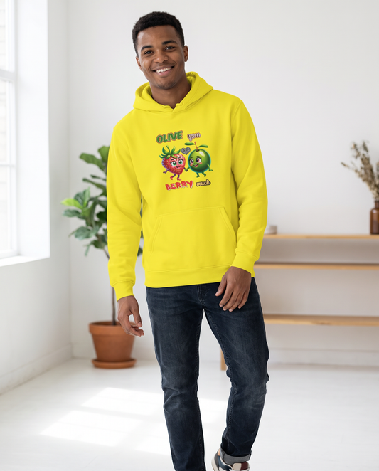 Hombre con sudadera Olive You Berry Much, diseño oliva y arándanos - Starway to Helen