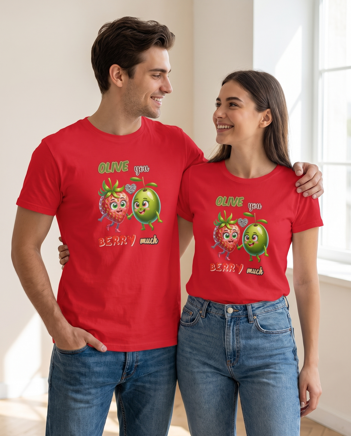 Pareja con camiseta Olive You Berry Much, diseño oliva y arándanos - Starway to Helen