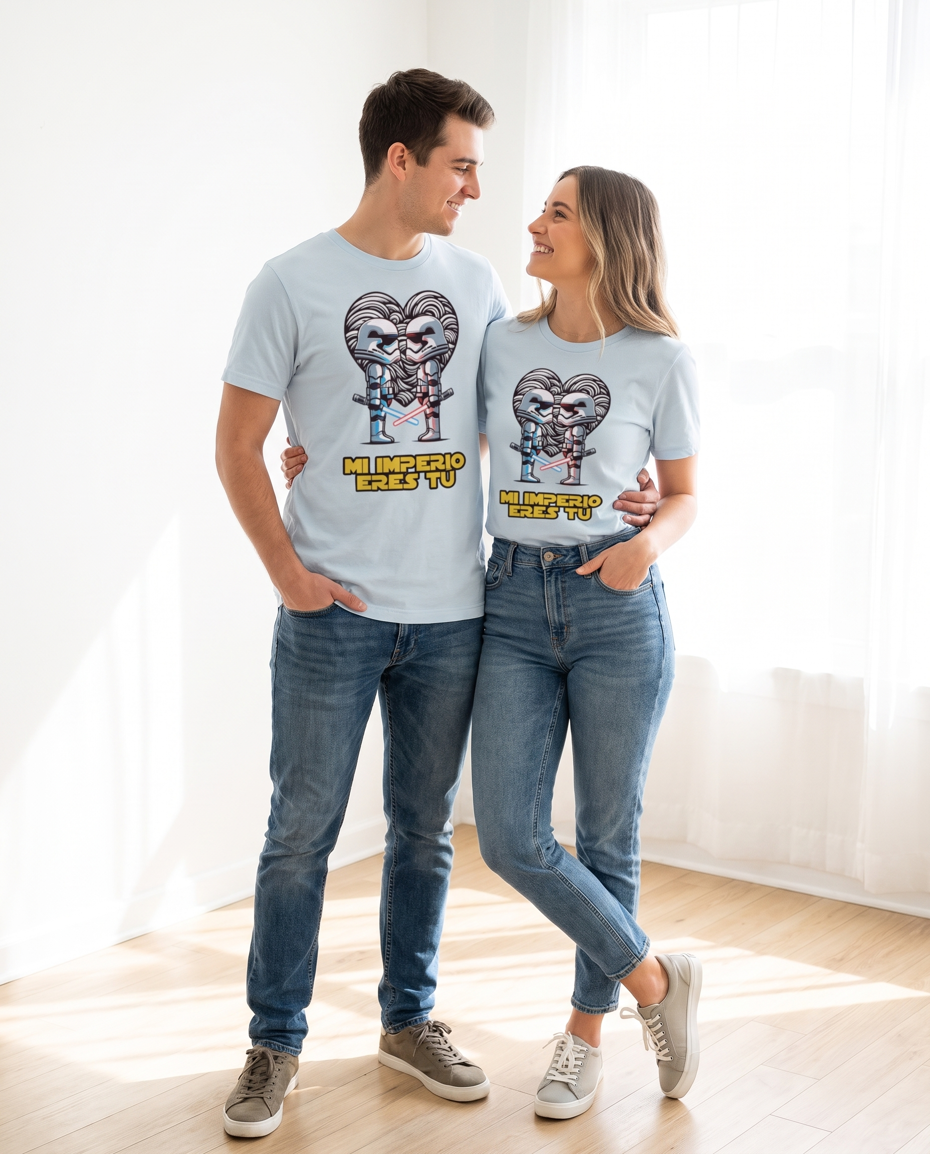 Pareja con camiseta Mi Imperio Eres Tú, parodia de Star Wars - Starway to Helen