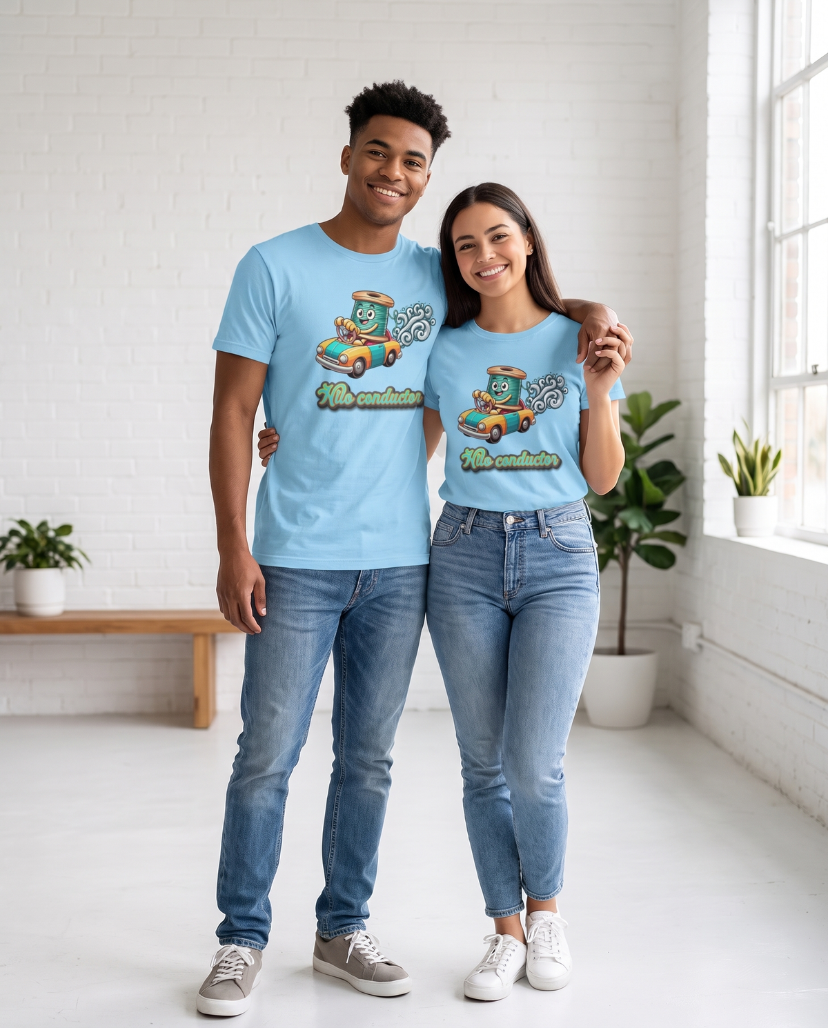 Pareja con camiseta Hilo Conductor, diseño eléctrico con humor - Starway to Helen