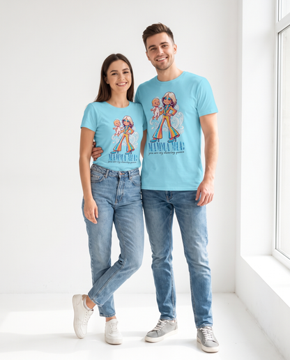 Pareja con camiseta Mamma Mia, parodia musical - Starway to Helen