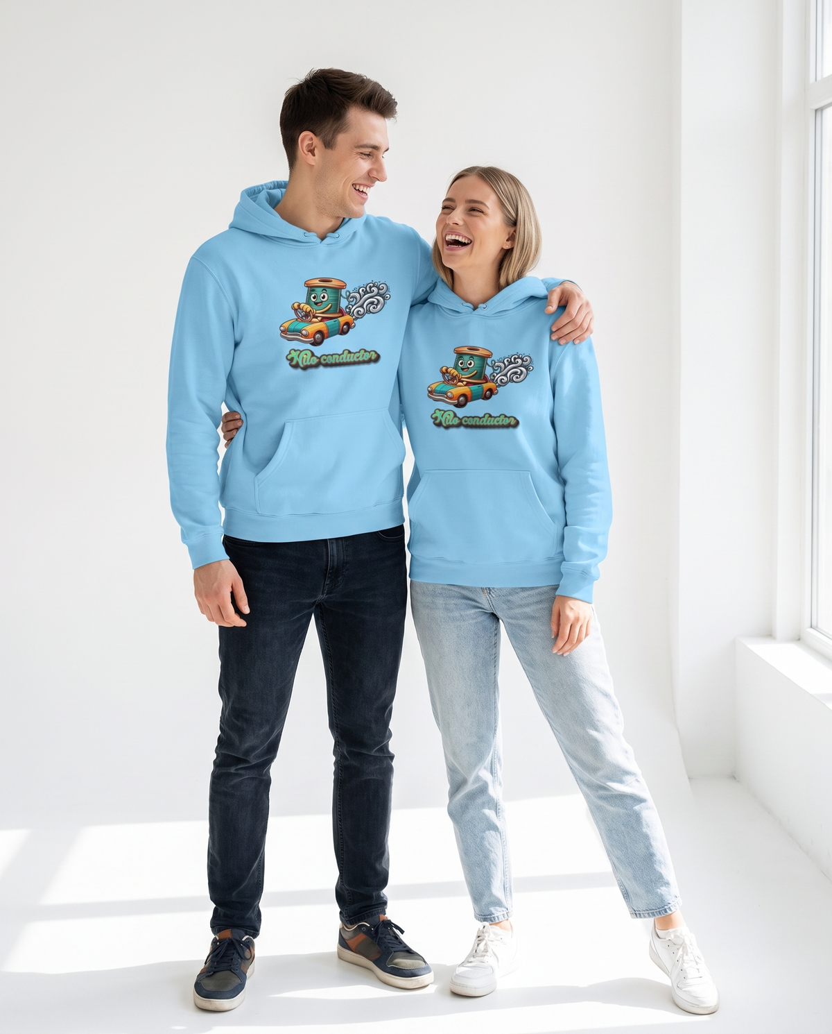 Pareja con sudadera Hilo Conductor, diseño eléctrico con humor - Starway to Helen
