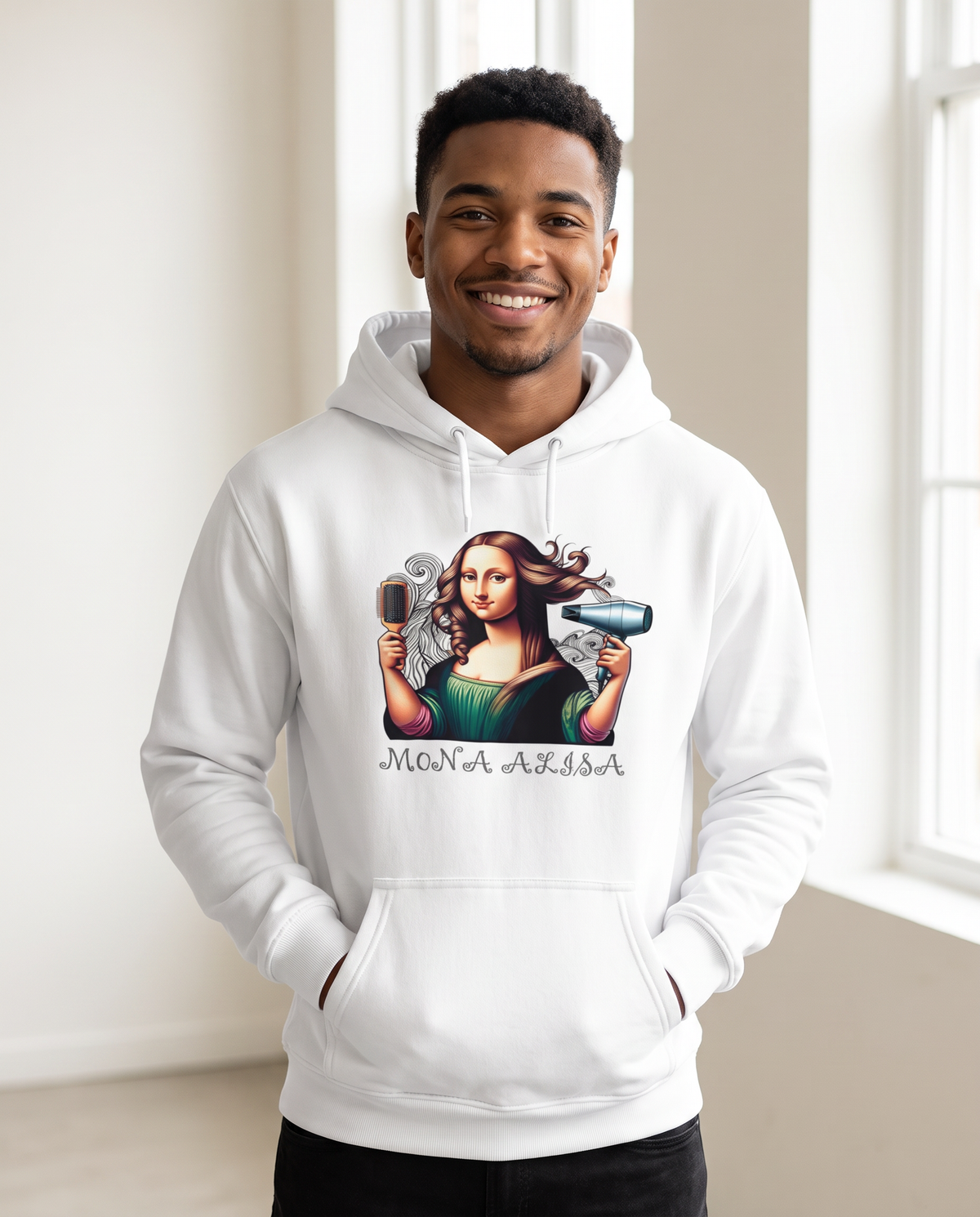 Hombre con sudadera Mona Alisa, parodia de la Mona Lisa de Da Vinci - Starway to Helen