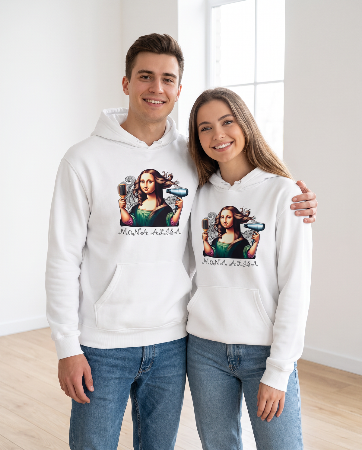 Pareja con sudadera Mona Alisa, parodia de la Mona Lisa de Da Vinci - Starway to Helen