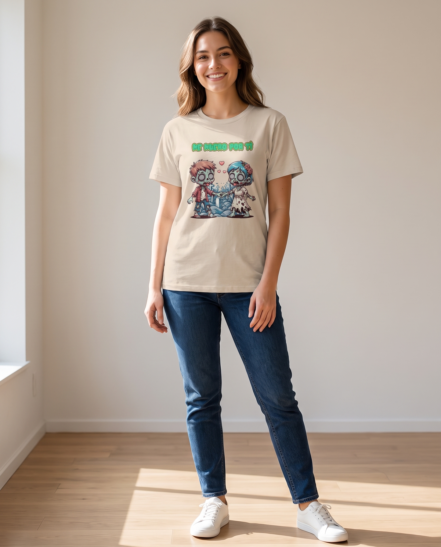 Mujer con camiseta Me Muero por Ti, diseño de zombie enamorado - Starway to Helen