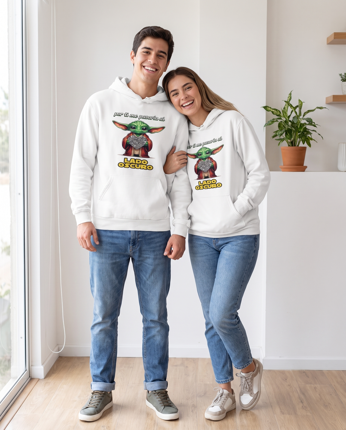 Pareja con sudadera Por Ti Me Pasaría al Lado Oscuro con diseño galáctico - Starway to Helen