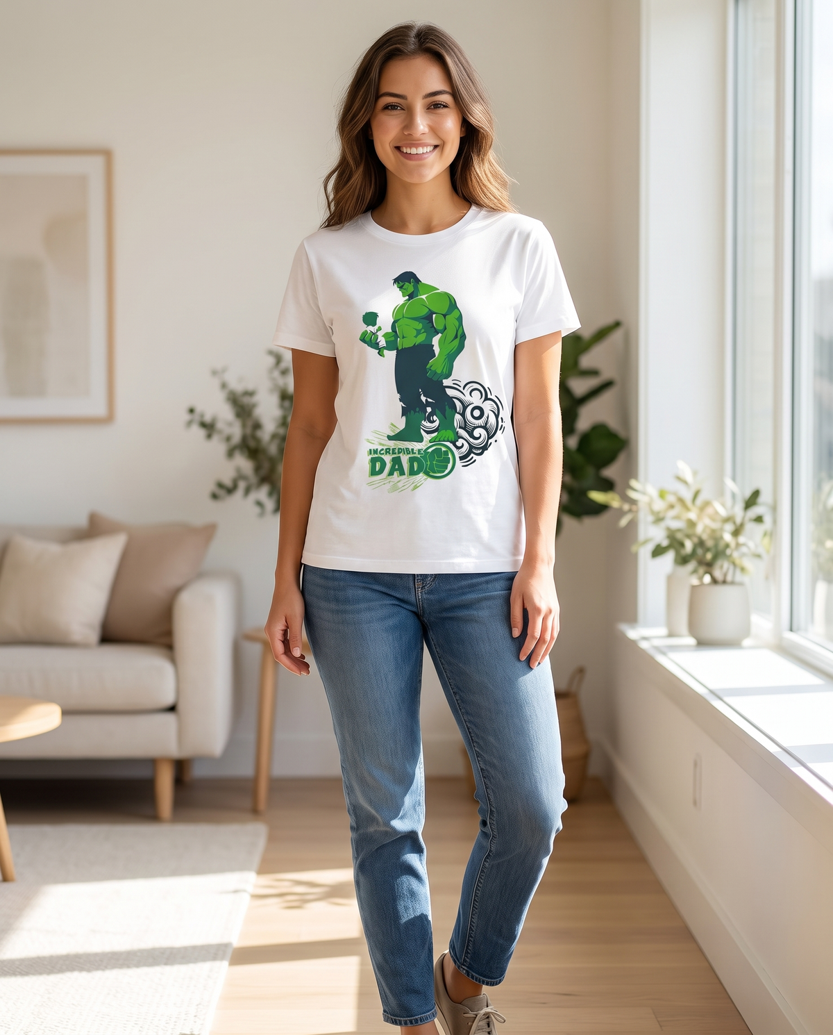 Mujer con camiseta Incredible Dad con diseño de emblema superhéroe familiar - Starway to Helen