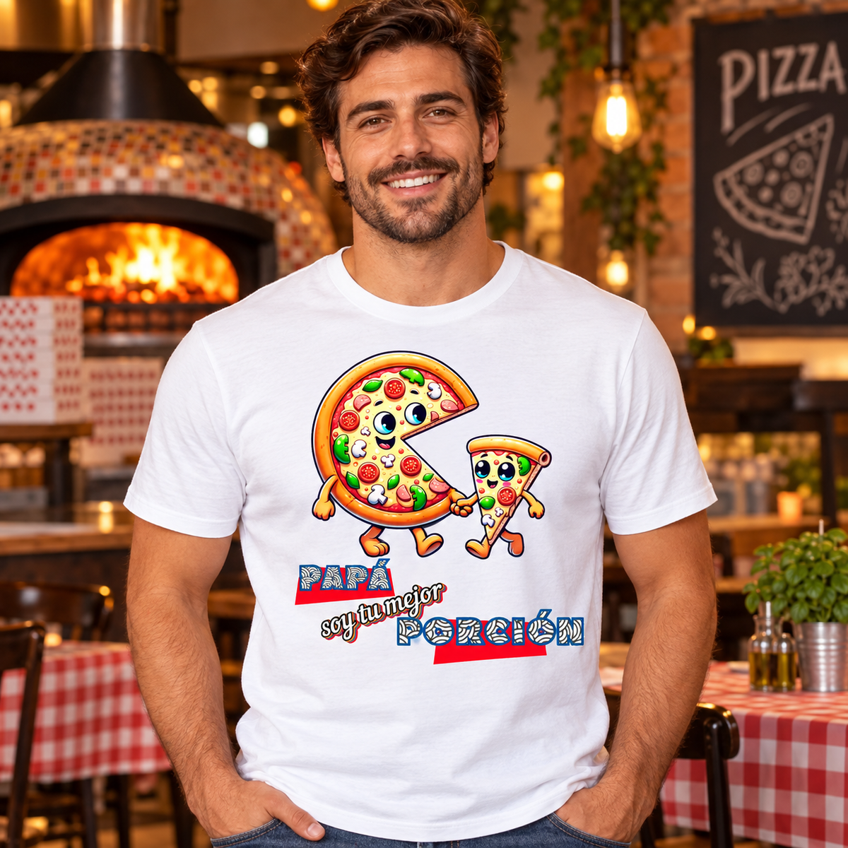 Mujer con camiseta Papá, Soy Tu Mejor Porción en una pizzería, diseño divertido de pizza - Starwaytohelen