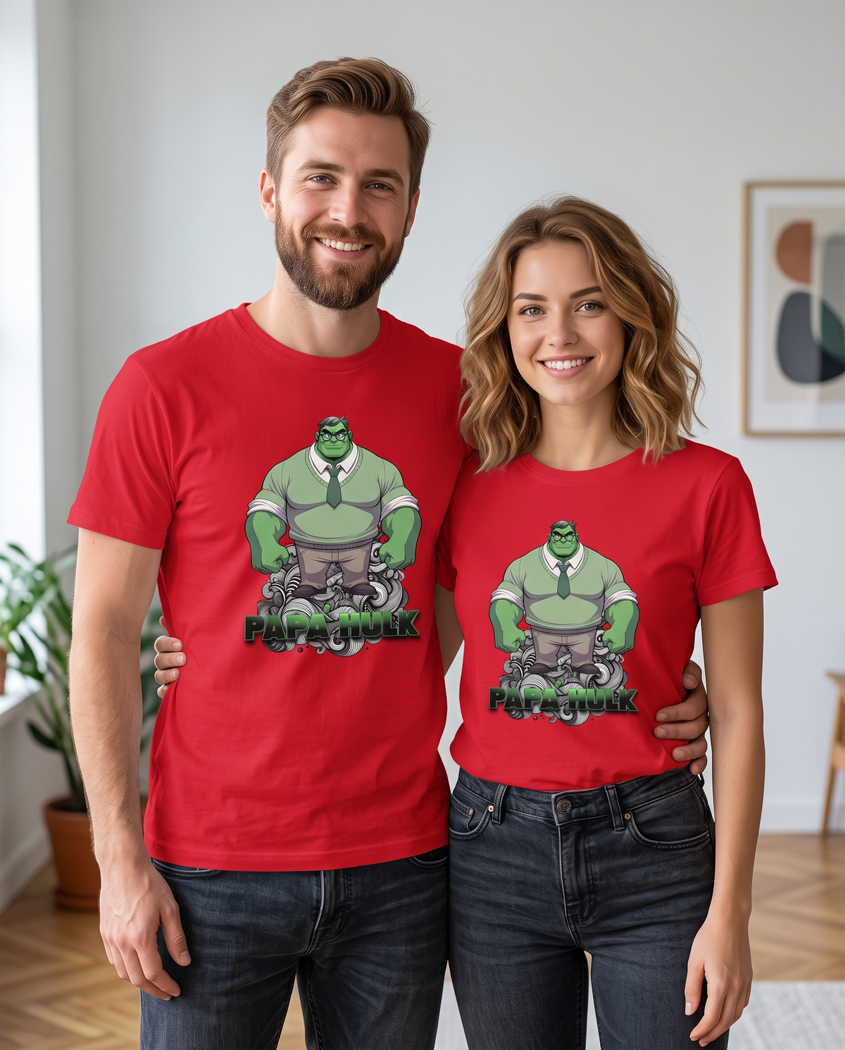 Pareja con camiseta Papá Hulk con diseño de héroe musculoso verde - Starway to Helen