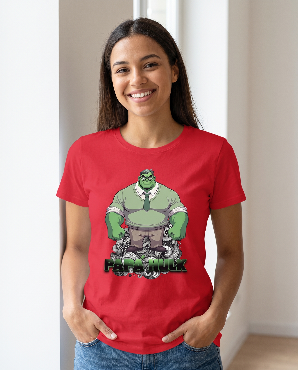 Mujer con camiseta Papá Hulk con diseño de héroe musculoso verde - Starway to Helen