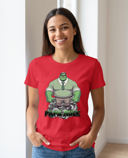 Mujer con camiseta Papá Hulk con diseño de héroe musculoso verde - Starway to Helen