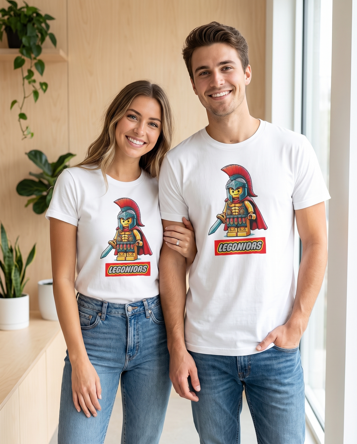 Pareja con camiseta Legonidas con diseño de guerrero de bloques - Starway to Helen