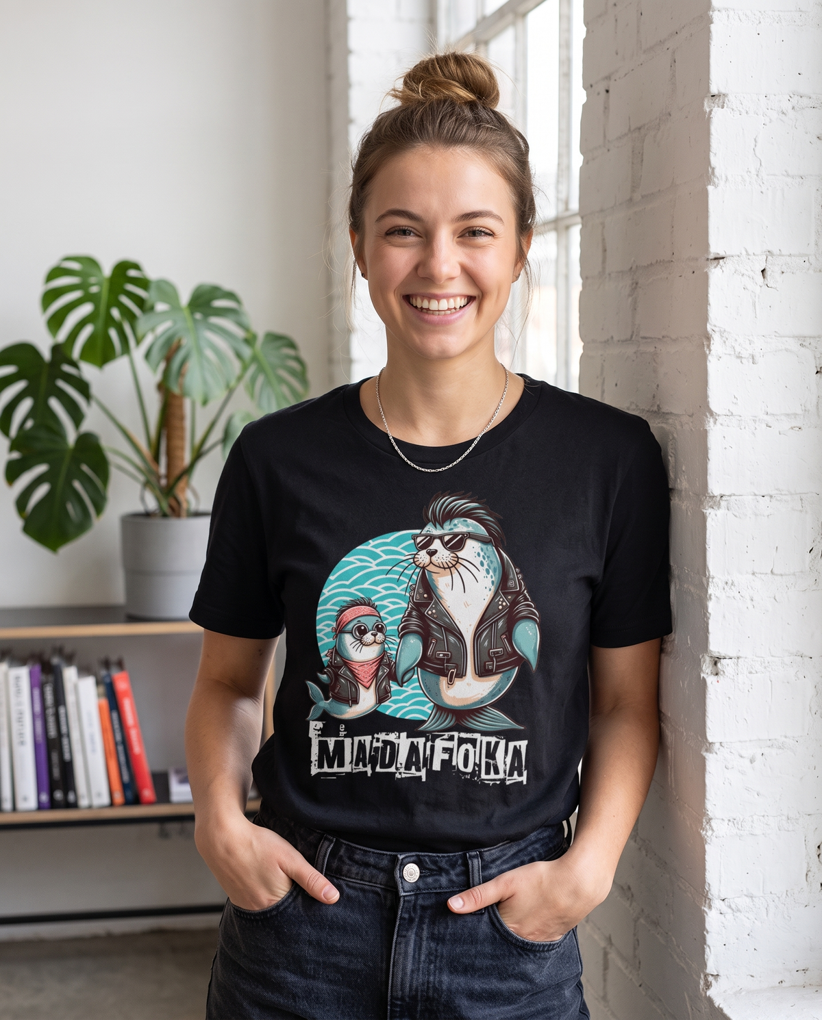 Mujer con camiseta Madafoka con diseño de mascota rebelde marinera - Starway to Helen
