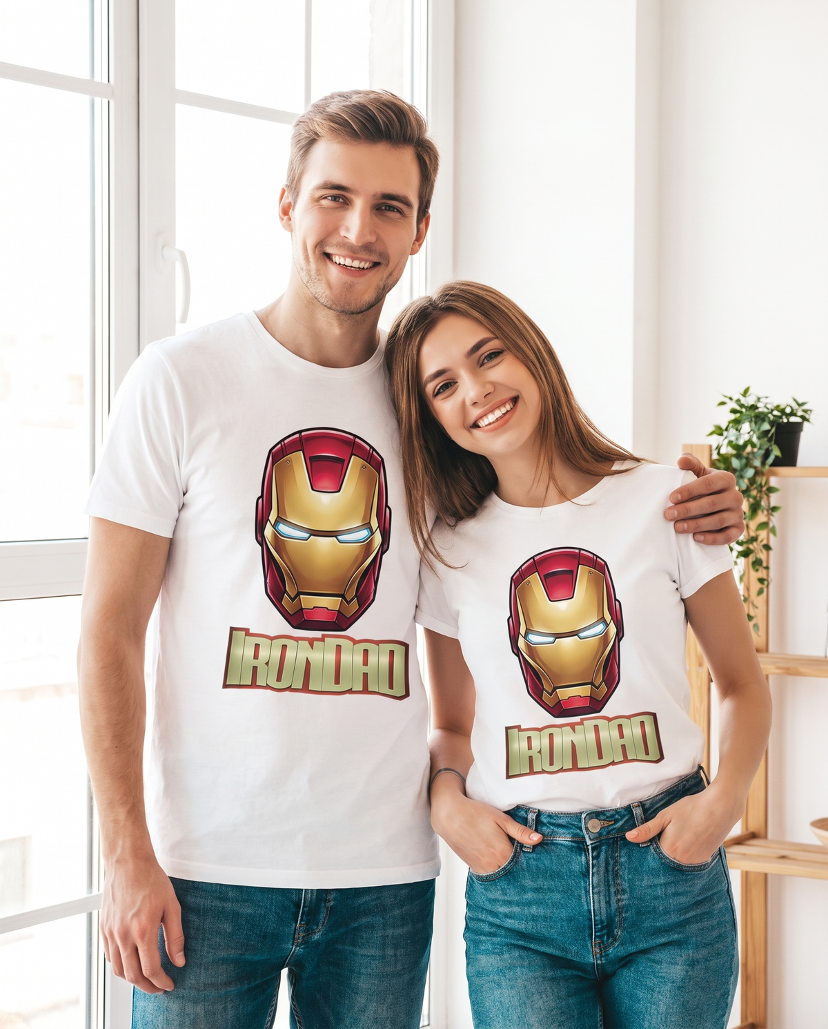 Pareja con camiseta Iron Dad con diseño de armadura metálica - Starway to Helen