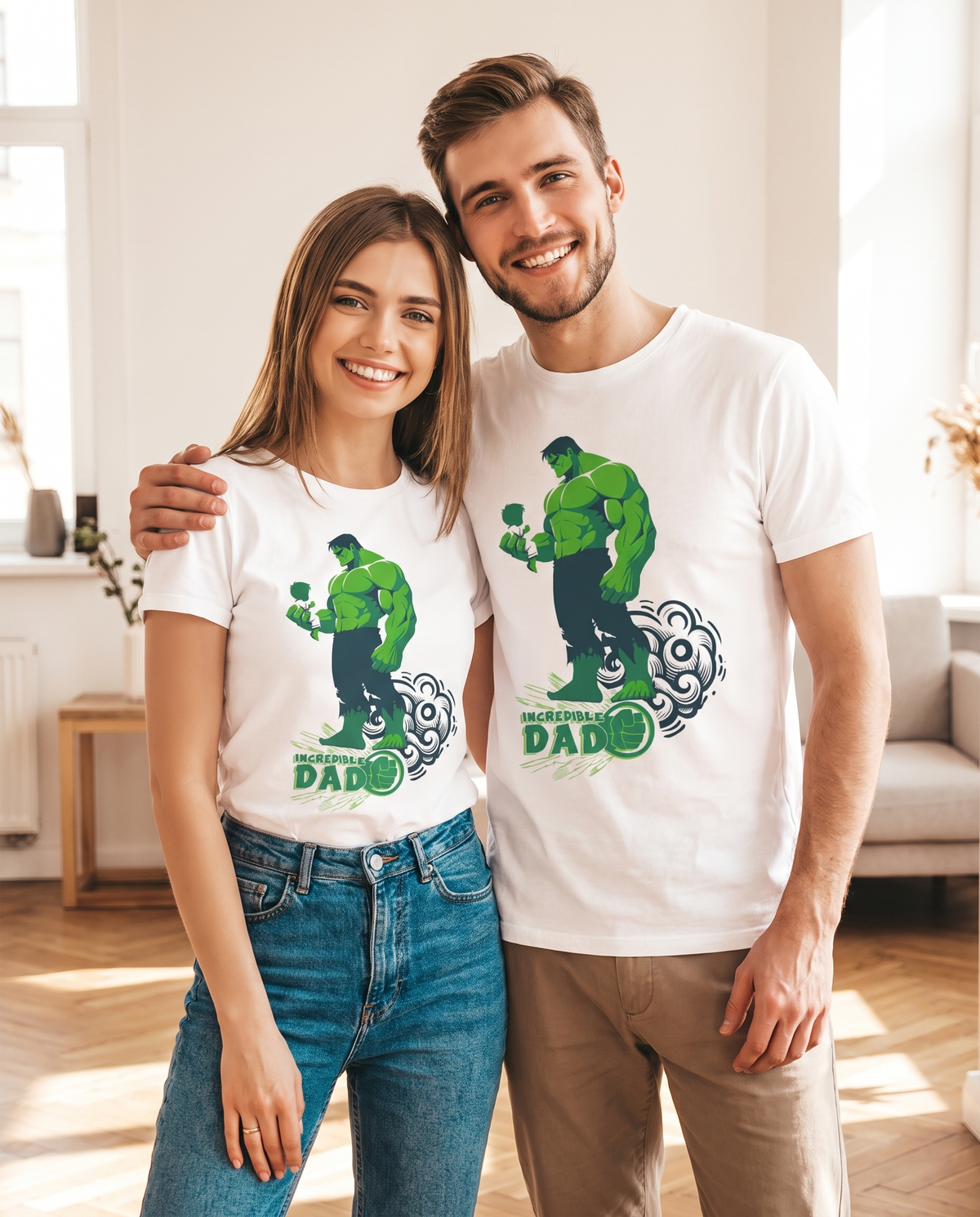 Pareja con camiseta Incredible Dad, parodia de Los Increíbles (Pixar) - Starway to Helen