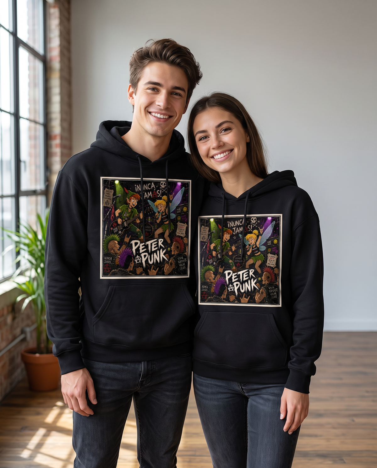 Pareja con sudadera Peter Punk, parodia punk rock - Starway to Helen