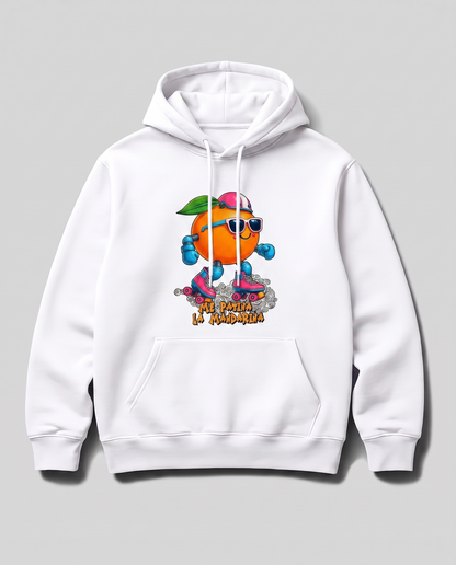 Sudadera blanca con capucha Me Patina la Mandarina, diseño de mandarina patinadora – Starway to Helen