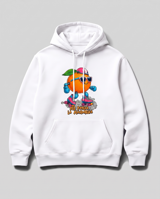 Sudadera blanca con capucha Me Patina la Mandarina, diseño de mandarina patinadora – Starway to Helen