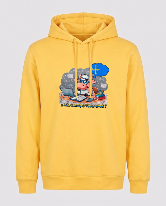 Sudadera ¿Asturias o Trabajas? con capucha y diseño humor asturiano sidra