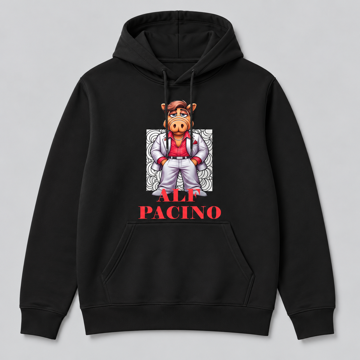 Sudadera negra ALF Pacino con capucha, ALF con traje blanco y camisa roja estilo Scarface, parodia de Al Pacino - Starway to Helen