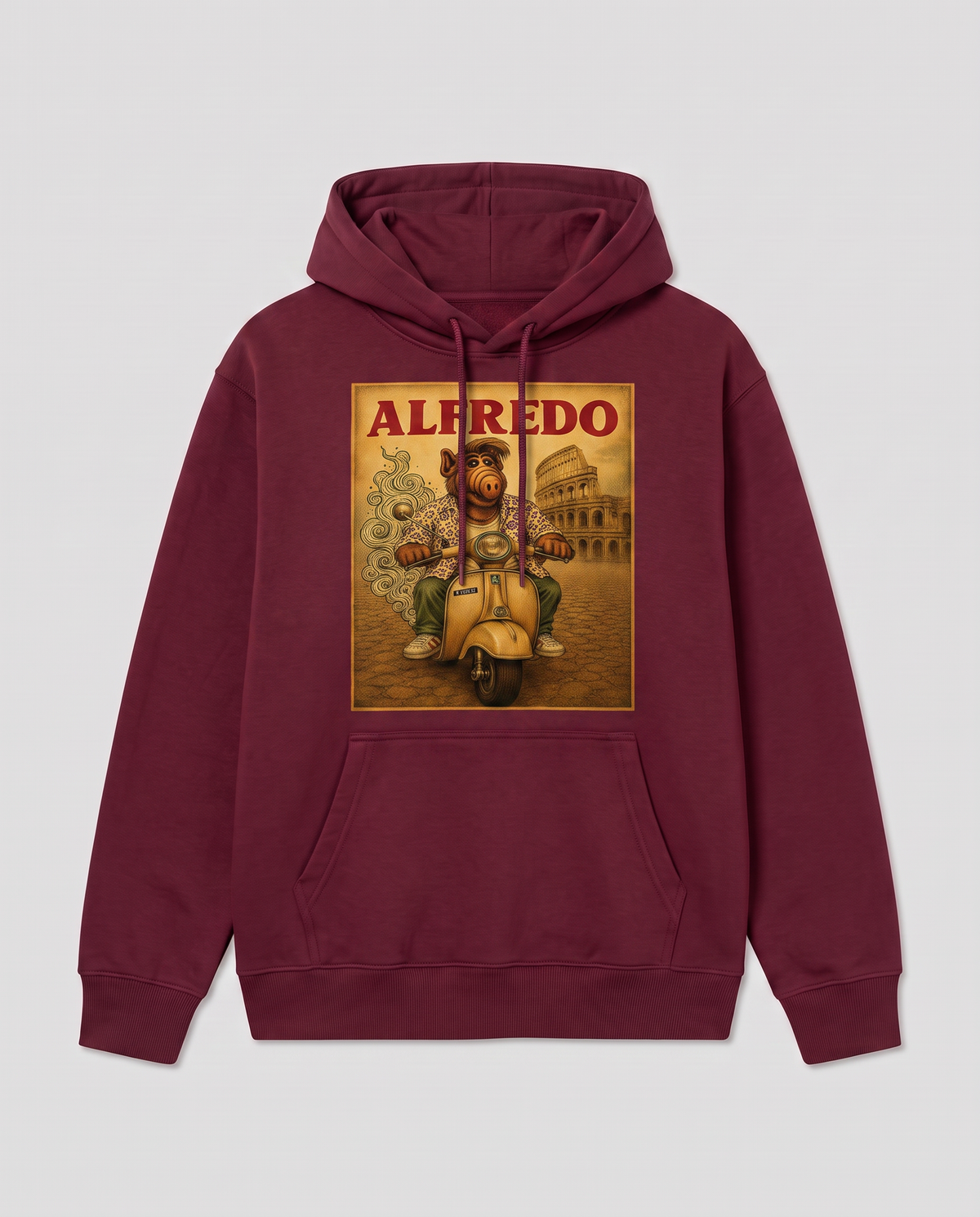 Sudadera granate Alfredo, parodia de ALF en Vespa por Roma - Starway to Helen