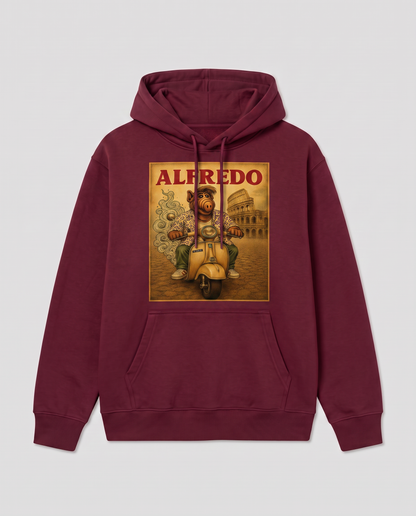 Sudadera granate Alfredo, parodia de ALF en Vespa por Roma - Starway to Helen