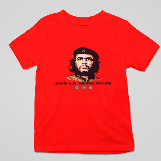 Camiseta Viva la Resolución parodia píxelada y revolucionaria, diseño humor tecnología retro