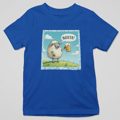 Camiseta Oveja BeeER! con diseño oveja bebiendo cerveza, humor animal original