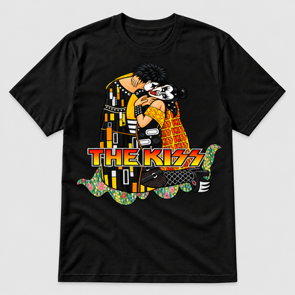 Camiseta negra The Kiss, parodia de KISS y El Beso de Klimt con pareja rockera, logo en llamas y manto de flores - Starwaytohelen