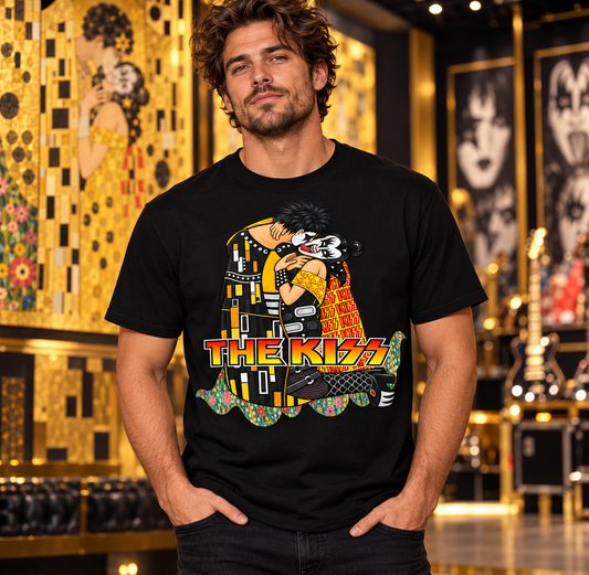 Camiseta negra The Kiss para hombre en galería dorada, parodia de KISS y El Beso de Klimt - Starwaytohelen