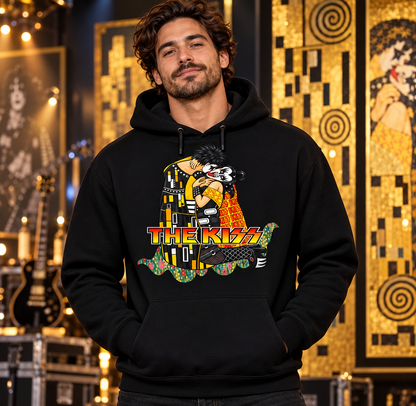Sudadera negra con capucha The Kiss para hombre en galería dorada, parodia de KISS y El Beso de Klimt - Starwaytohelen