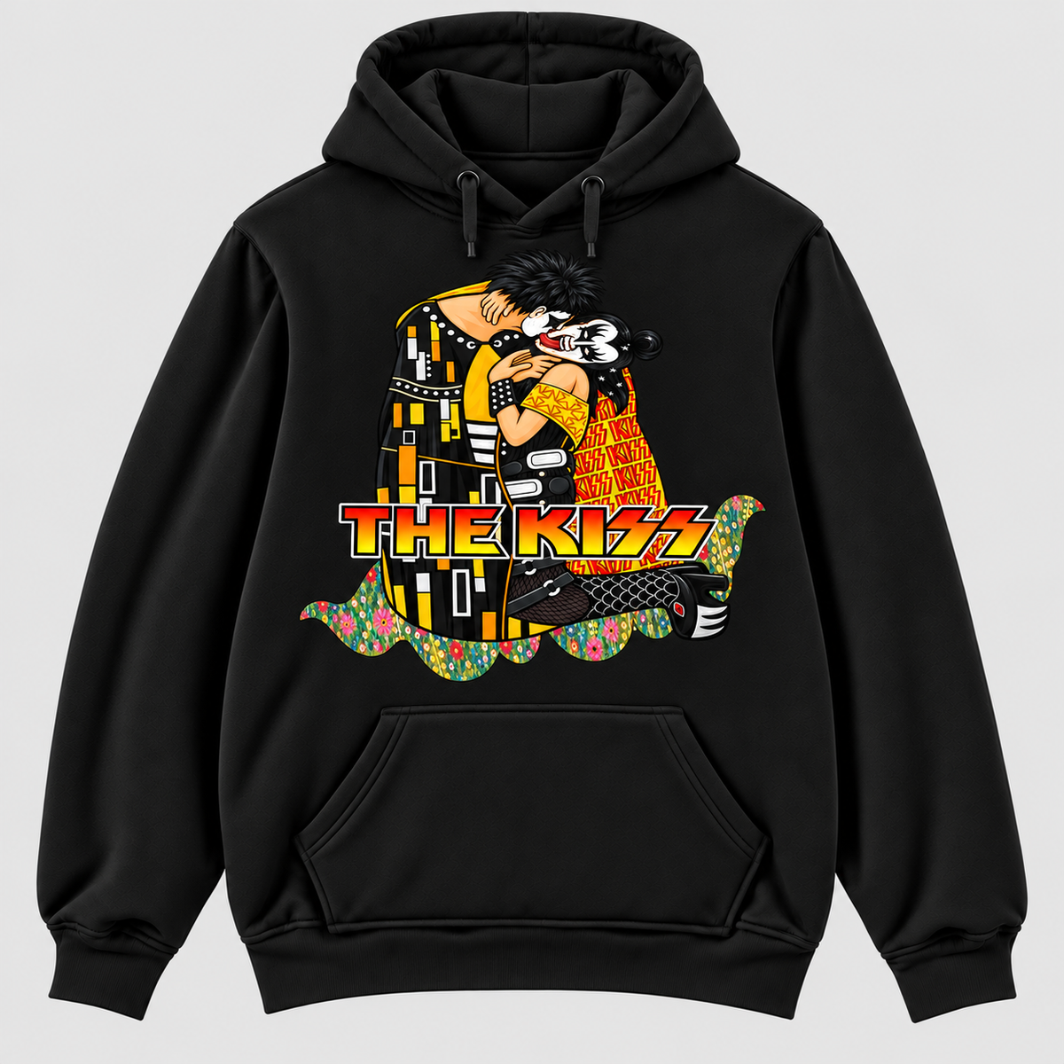Sudadera negra con capucha The Kiss, parodia de KISS y El Beso de Klimt con pareja rockera y manto de flores - Starwaytohelen