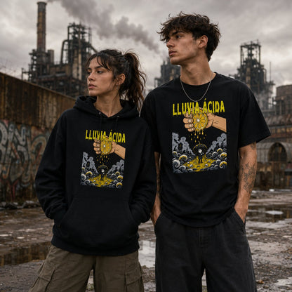 Pareja con camiseta y sudadera negras Lluvia Ácida, regalo original