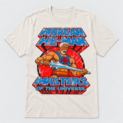 Camiseta blanco vintage Morgan He-Man, parodia de Morgan Freeman como He-Man de Masters del Universo, humor friki - Starway to Helen