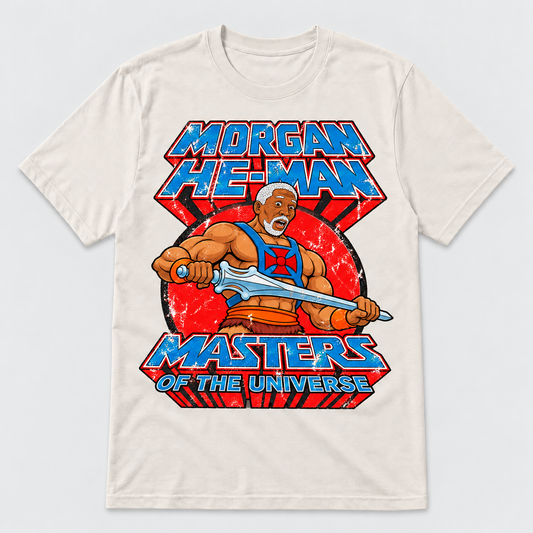 Camiseta blanco vintage Morgan He-Man, parodia de Morgan Freeman como He-Man de Masters del Universo, humor friki - Starway to Helen