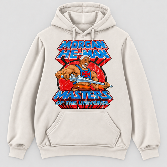 Sudadera blanco vintage con capucha Morgan He-Man, parodia de Morgan Freeman como He-Man de Masters del Universo, humor friki - Starway to Helen