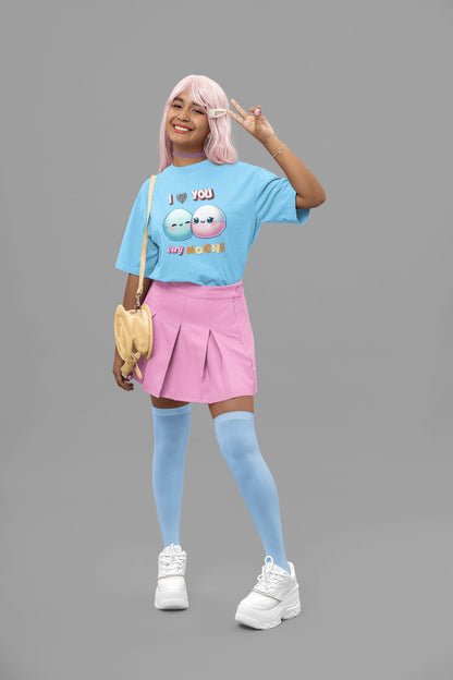 Mujer con camiseta I Love You Very Mochi, diseño japonés dulce