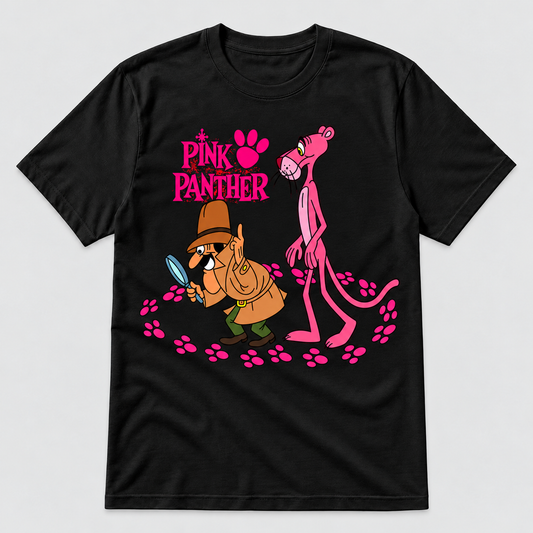 Camiseta negra Pantera Rosa (Pink Panther) con el inspector y su lupa siguiendo huellas, dibujos animados retro - Starway to Helen