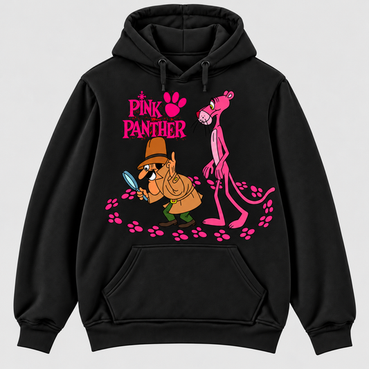 Sudadera negra Pantera Rosa (Pink Panther) con capucha, el inspector con lupa siguiendo huellas, dibujos animados retro - Starway to Helen