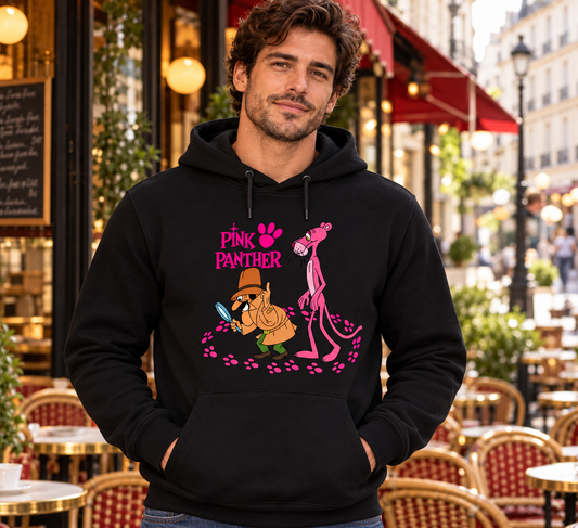 Sudadera negra Pantera Rosa Detective con capucha para hombre en café parisino, estampado de Pink Panther y el inspector - Starway to Helen