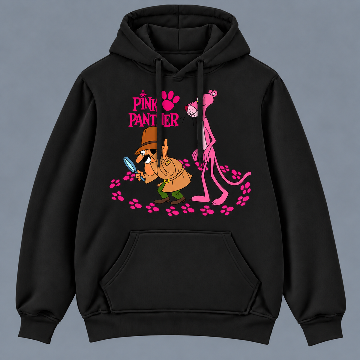 Camiseta negra Pantera Rosa (Pink Panther) con el inspector y su lupa siguiendo huellas, dibujos animados retro - Starway to Helen