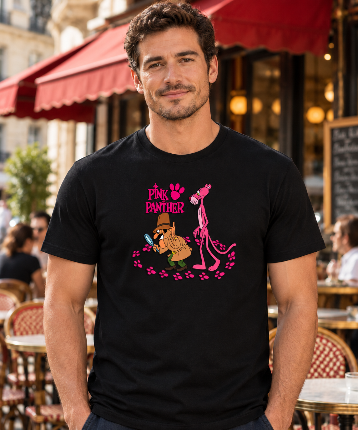 Camiseta negra Pantera Rosa Detective para hombre en café parisino, estampado de Pink Panther y el inspector - Starway to Helen