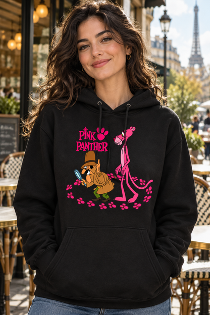 Sudadera negra Pantera Rosa Detective con capucha para mujer en café parisino, estampado de Pink Panther - Starway to Helen