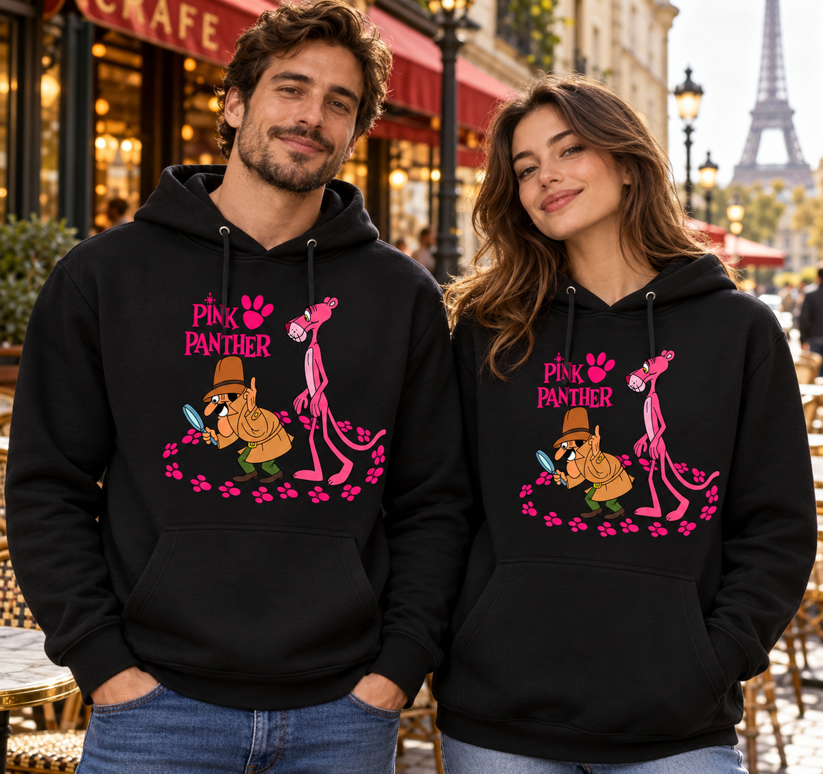 Pareja con sudaderas negras con capucha de la Pantera Rosa en París, regalo friki de dibujos animados clásicos - Starway to Helen