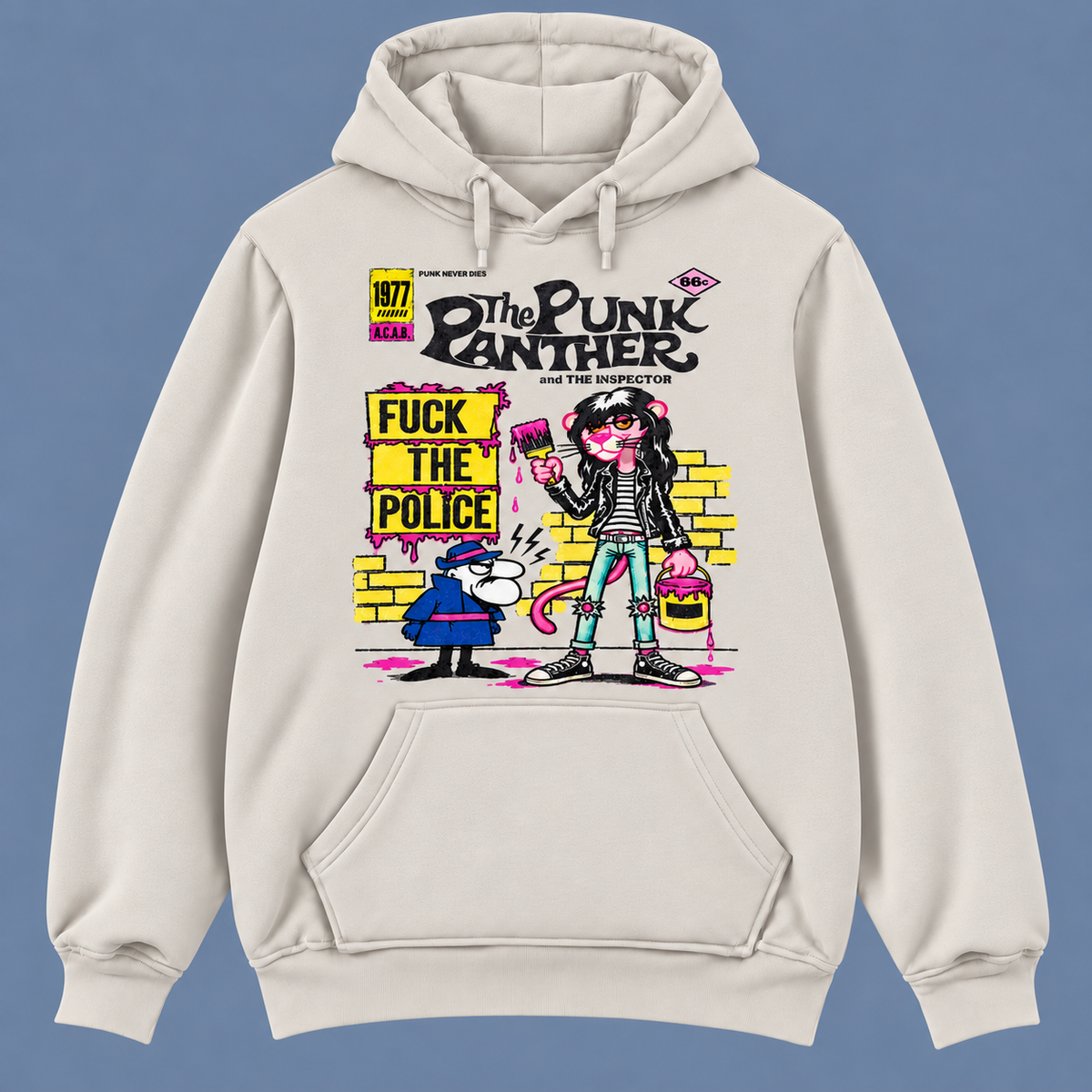 Sudadera blanca vintage con capucha Pantera Rosa Punk, The Punk Panther con el Inspector, parodia punk de La Pantera Rosa - Starway to Helen