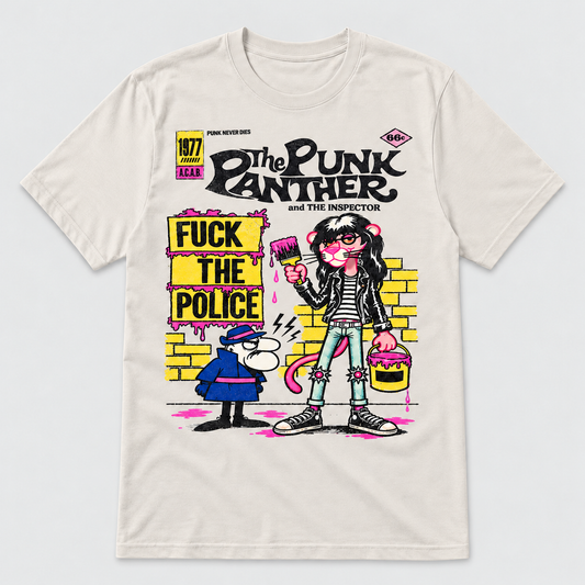 Camiseta blanco vintage Pantera Rosa Punk, The Punk Panther con el Inspector, parodia punk de La Pantera Rosa - Starway to Helen