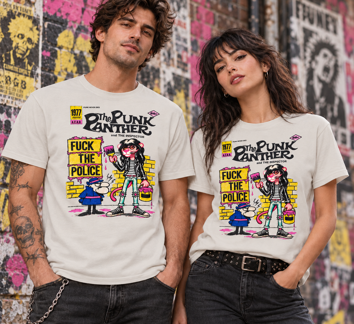 Pareja con camisetas blanco vintage Pantera Rosa Punk, The Punk Panther, parodia punk de La Pantera Rosa - Starway to Helen