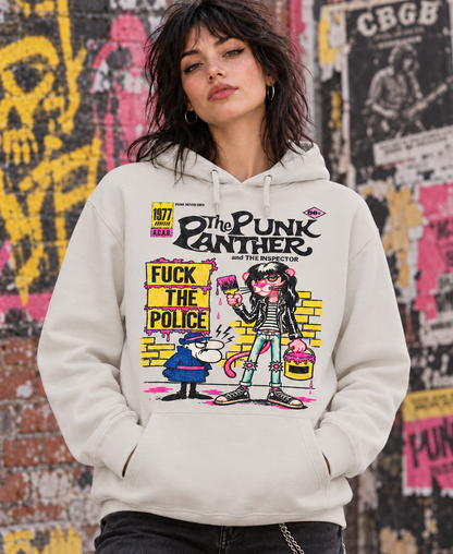 Sudadera blanca vintage con capucha Pantera Rosa Punk en mujer, The Punk Panther, parodia punk de La Pantera Rosa - Starway to Helen